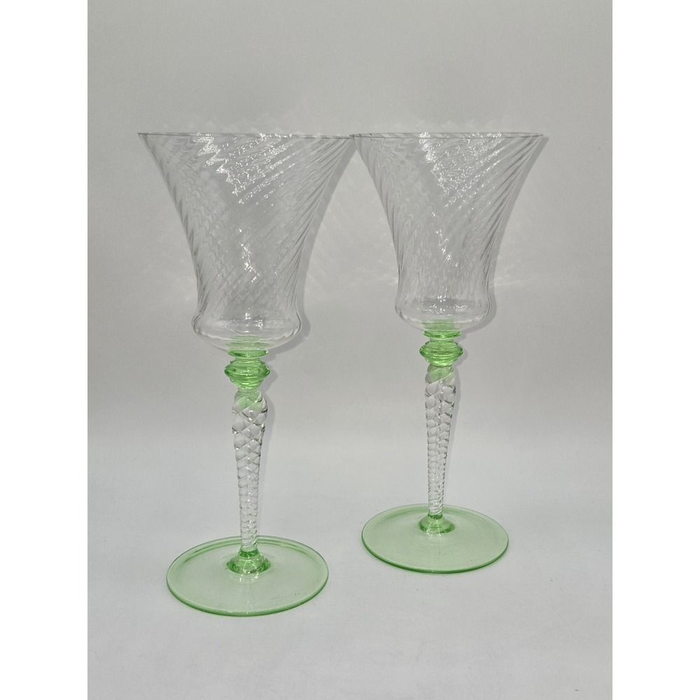 Tiffin Franciscan 15022 Uranium Glass Tall Water Goblets Pair Spiral Optic Green